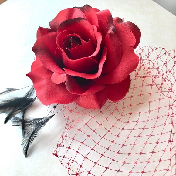 Retro Torture Couture Large Rockabilly Red Rose Hair Clip Fascinator Handmade - Picture 2 of 5